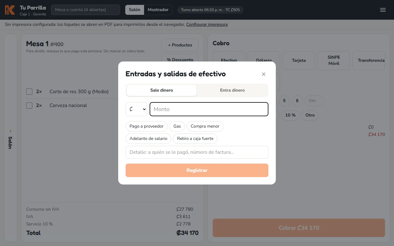 Pantalla: Si saca efectivo de la gaveta (caja fuerte, pago a un proveedor), regístrelo en «Entradas y salidas de efectivo»