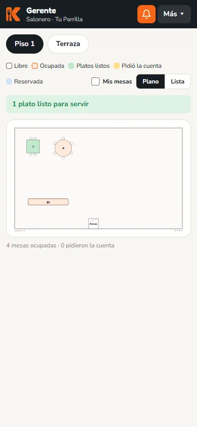 Pantalla: Cuando la cocina termina un plato le llega el aviso «platos listos» y la mesa se pone verde