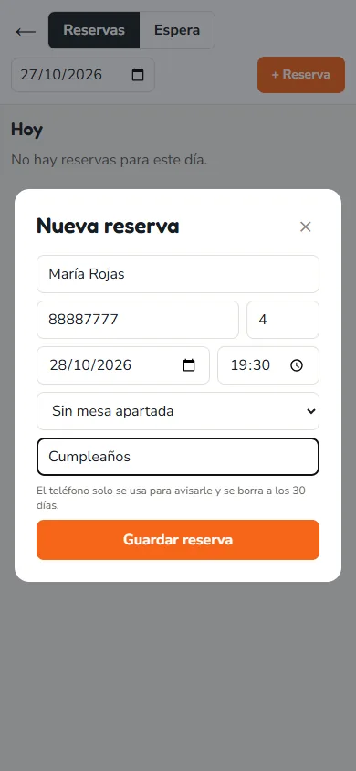Pantalla: «Reservas» → «+ Reserva»